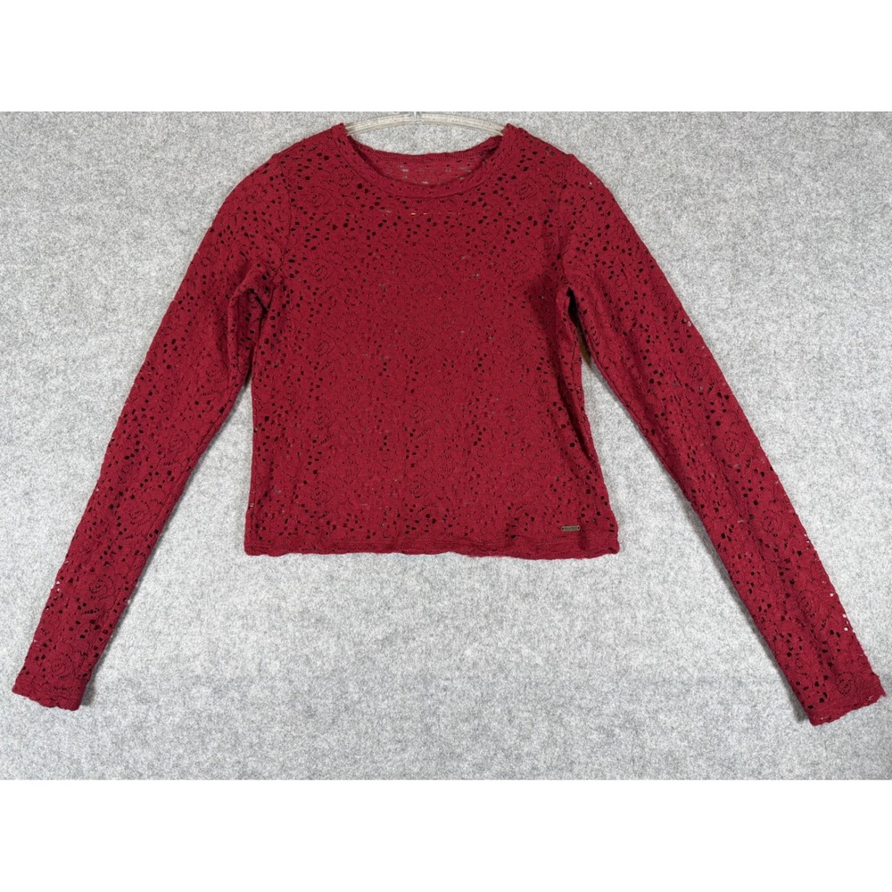 Hollister Lace Top Womens XS Burgundy Red Excellent Long Sleeve Eyelet Cropped